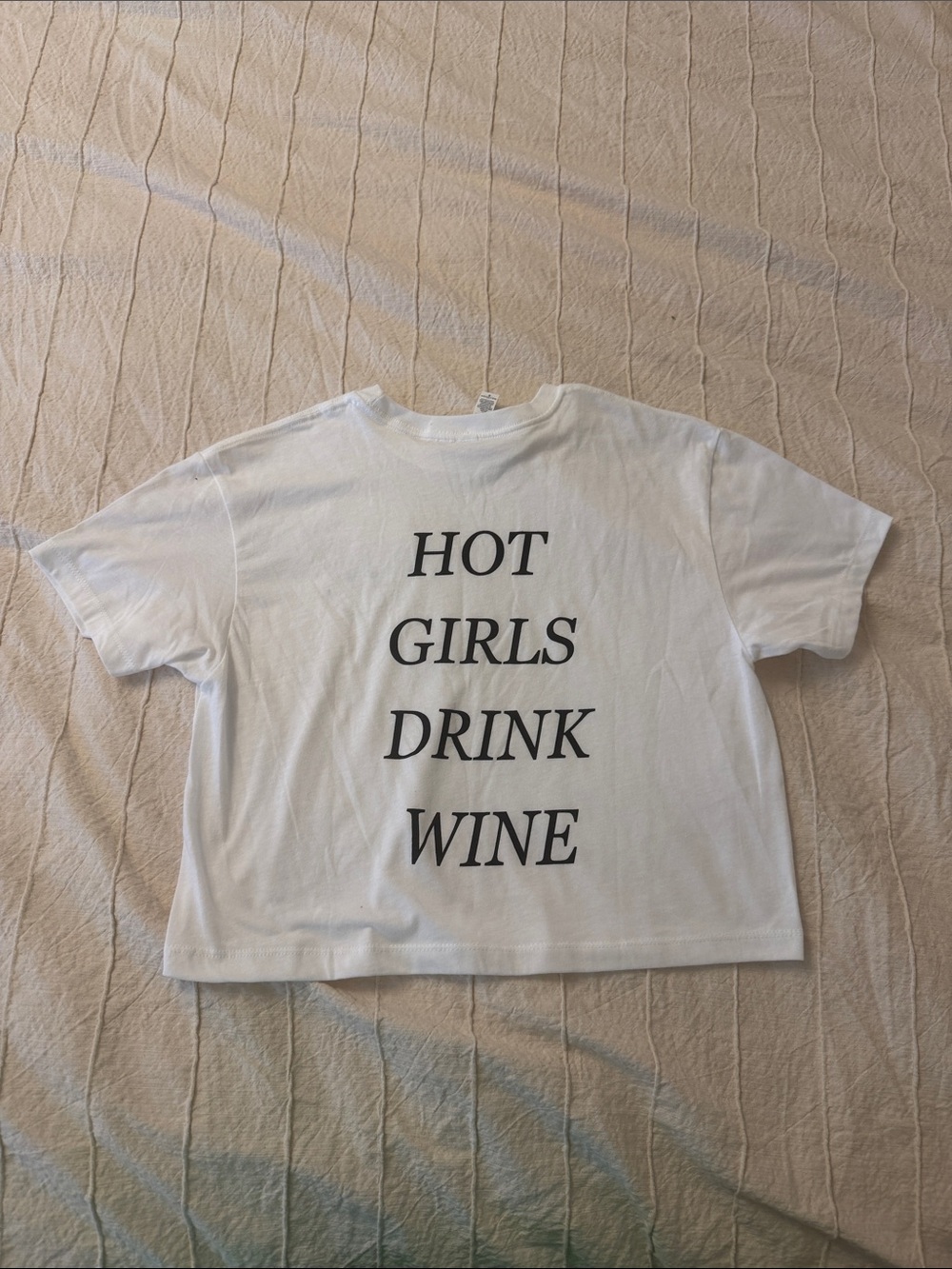 Source Unknown White Crop Tee with Black Text "HOT GIRLS DRINK WINE"